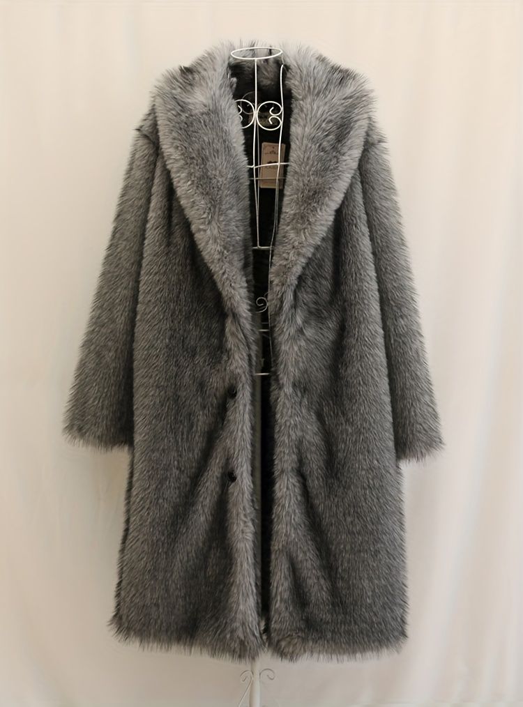 Elegante e caldo soprabito lungo da donna con colletto in peluche, silhouette a H, chiusura con un solo bottone, lavabile a mano. Taglie disponibili_voghion.com