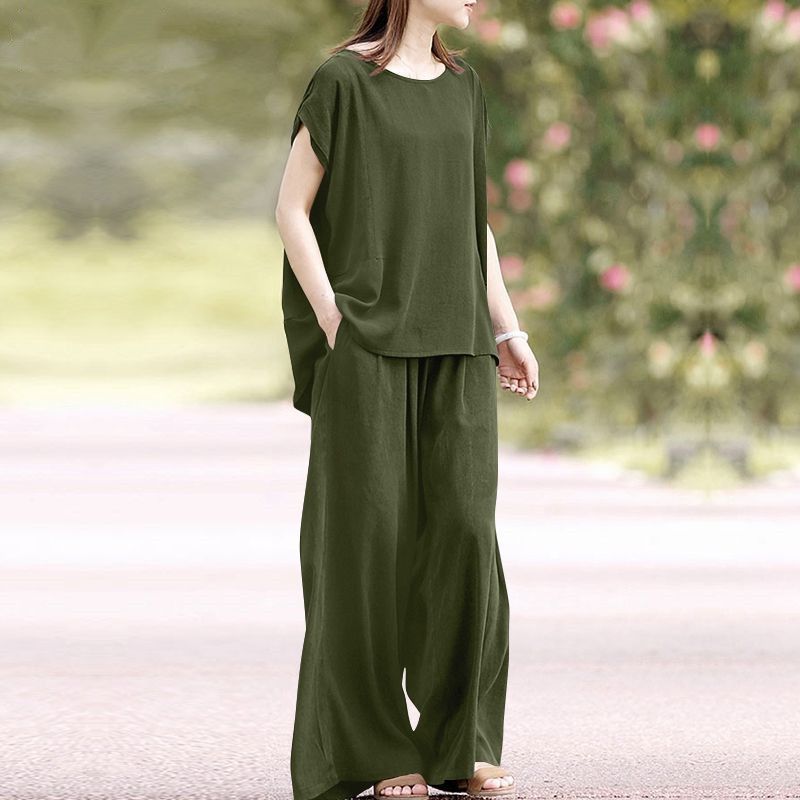 Ensemble 2 pièces pour femmes, chemise à manches courtes et pantalon large à la mode, vêtements de sport amples_voghion.com