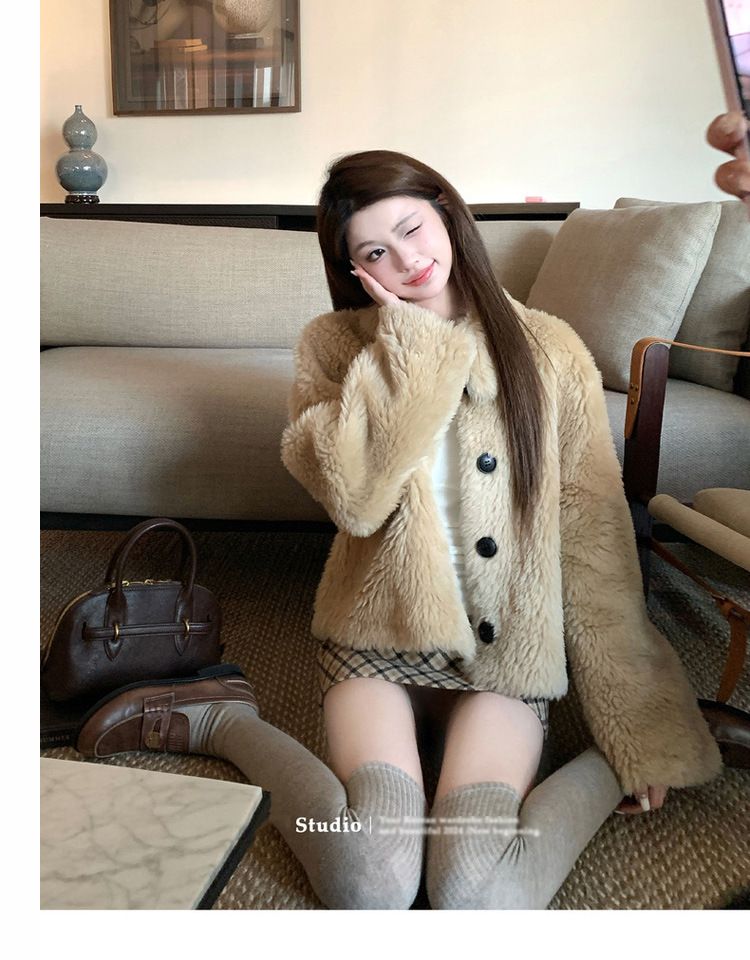 Kurzmantel aus Woll-Shearling – Oversize-Teddyfleecejacke in Creme & Himmelblau (S/M) Trendy Fashion_voghion.com