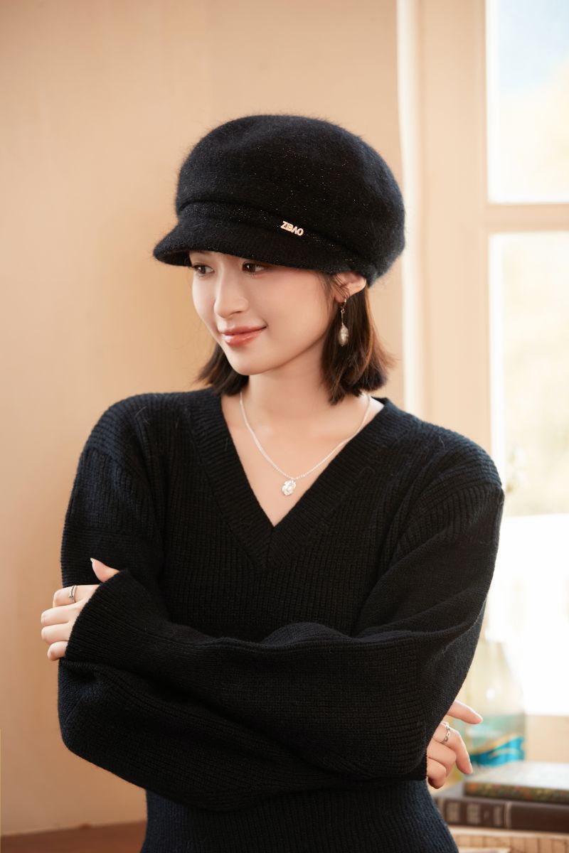Rabbit Fur Blend Knitted Earflap For Women, Elegant Stylish Autumn And Winter Woolen Duckbill Cap, Face Slimming_voghion.com