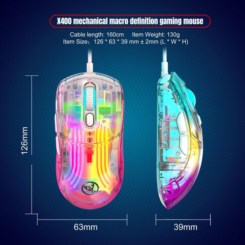 Transparente kabelgebundene Gaming-Maus, 7-Tasten-Makroprogrammierung, geflochtenes Kabel, 12800 dpi RGB-Hintergrundbeleuchtung, eSports-Maus_voghion.com