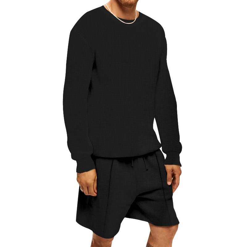 Waffle T-shirt Summer Men's Casual Sports Long Sleeve Shorts Two Piece Set for Men_voghion.com