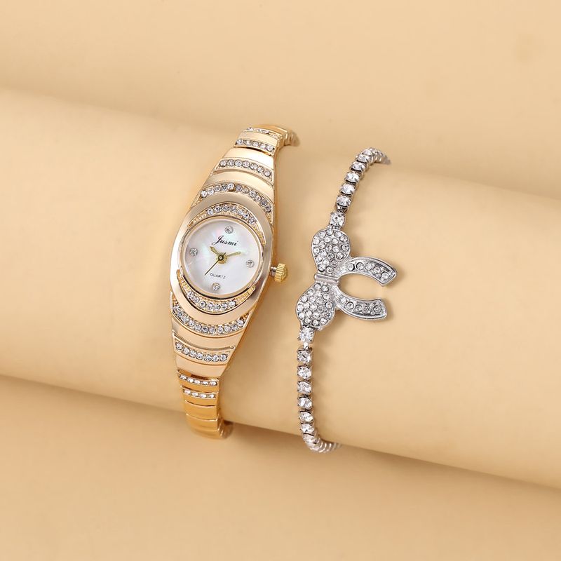 Diamond studded small dial thin strap personalized trendy steel strap quartz watch + bracelet (2pcs/set)_voghion.com