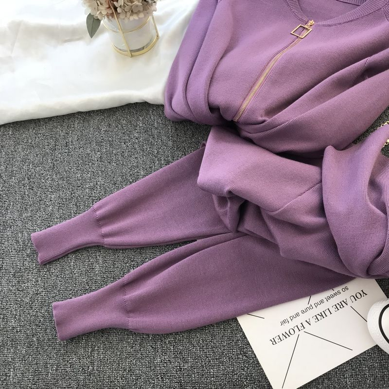 Dammekleedung modesch gestréckte V-Hals Pullover + Casual Hosen Zwee-Stéck Set_voghion.com