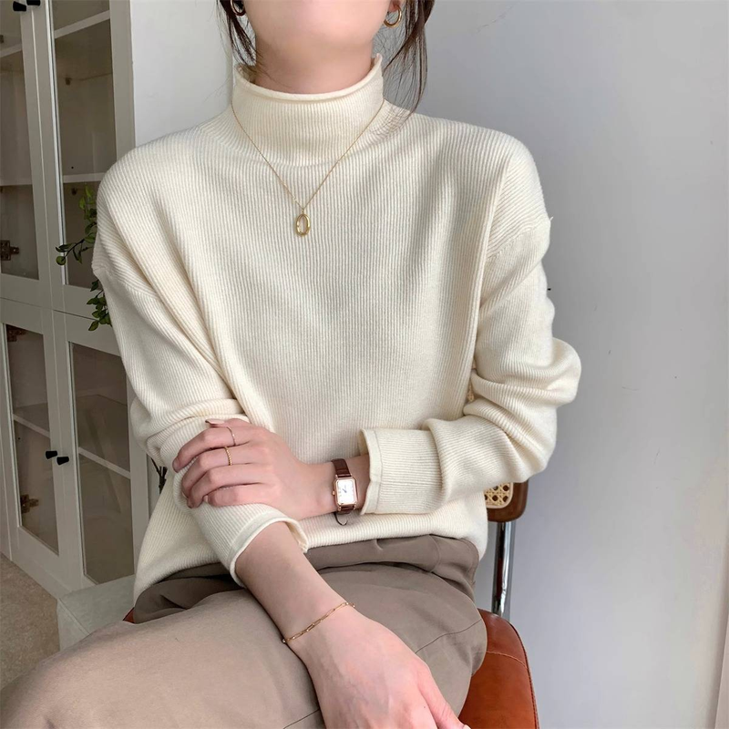 Large size chubby mm autumn new women's knitted shirt with half high collar, loose fit, long sleeved bottom, warm and slimming top_voghion.com