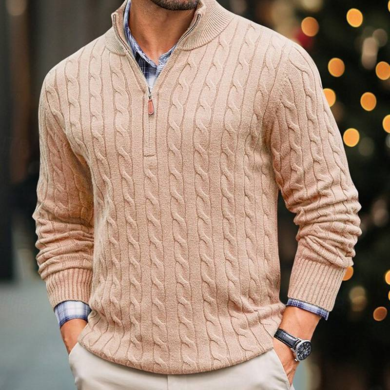 Herrenbekleidung Herbst- und Winter-Strickpullover für Männer, schmale Passform, mit Reißverschluss, halbhohem Kragen, langärmeliger Pullover, Pullover mit gedrehten Blumen_voghion.com