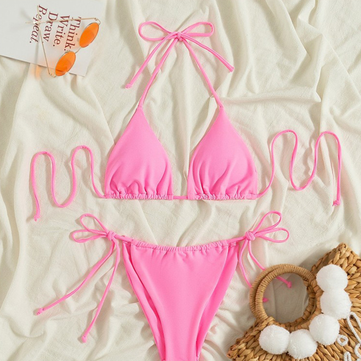 Women's Clothing Classic Bikini Swimsuit Women's Three Point Solid Color Sexy Tight Backless Triangle Split Swimsuit_voghion.com