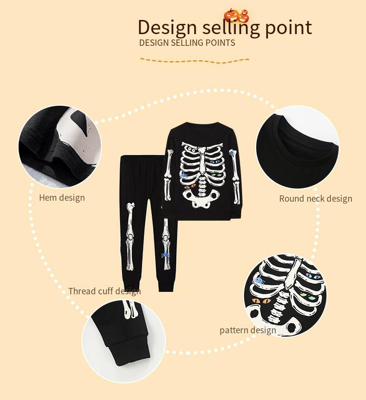 Pijama de Halloween para niños que brilla en la oscuridad: manga larga y pantalón de algodón suave para dormir, para niños y niñas (3-8 años)_voghion.com