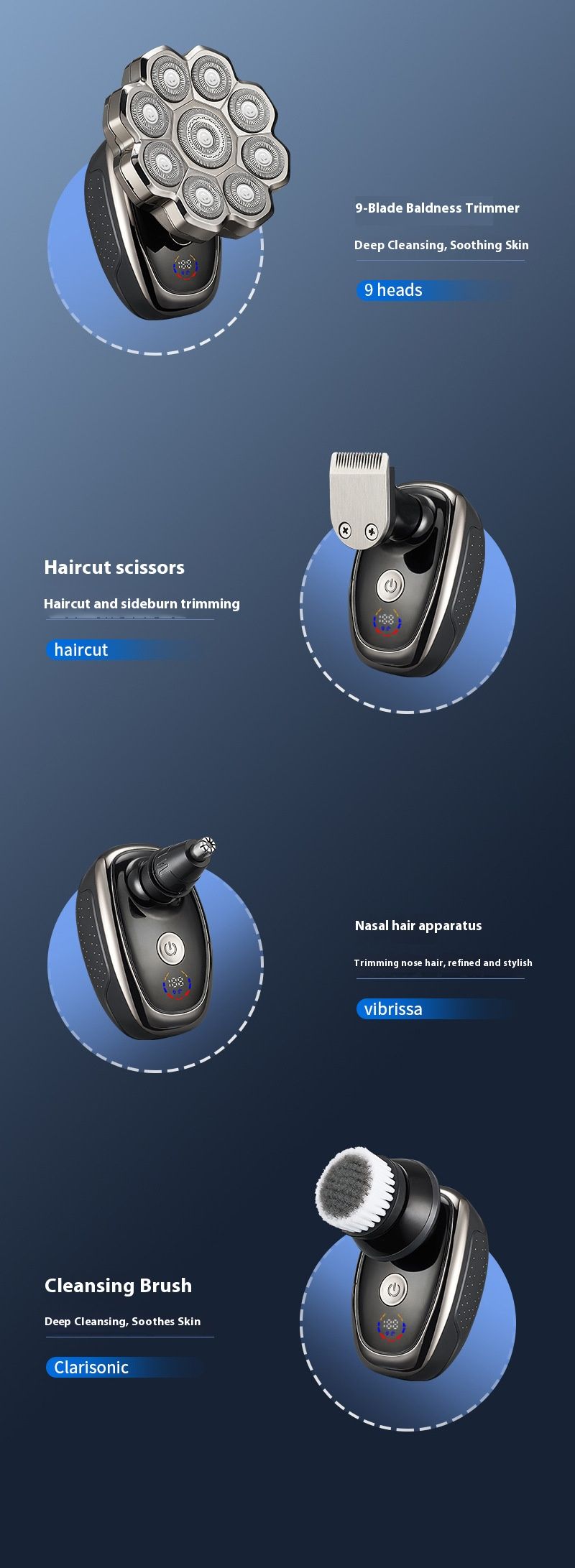 9-Blade Rotary Electric Shaver - IPX7 Waterproof, LED Display, USB Rechargeable, Low Noise 46dB, Floating Heads For Bald_voghion.com