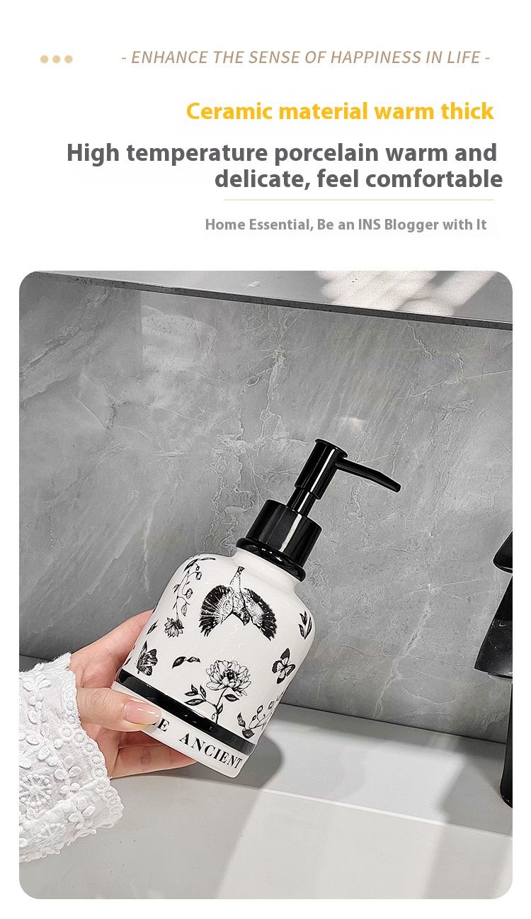 Dispenser per lozione in ceramica vintage - Design con uccellini floreali in bianco e nero (420 ml, finitura opaca, arredamento per hotel e casa)_voghion.com