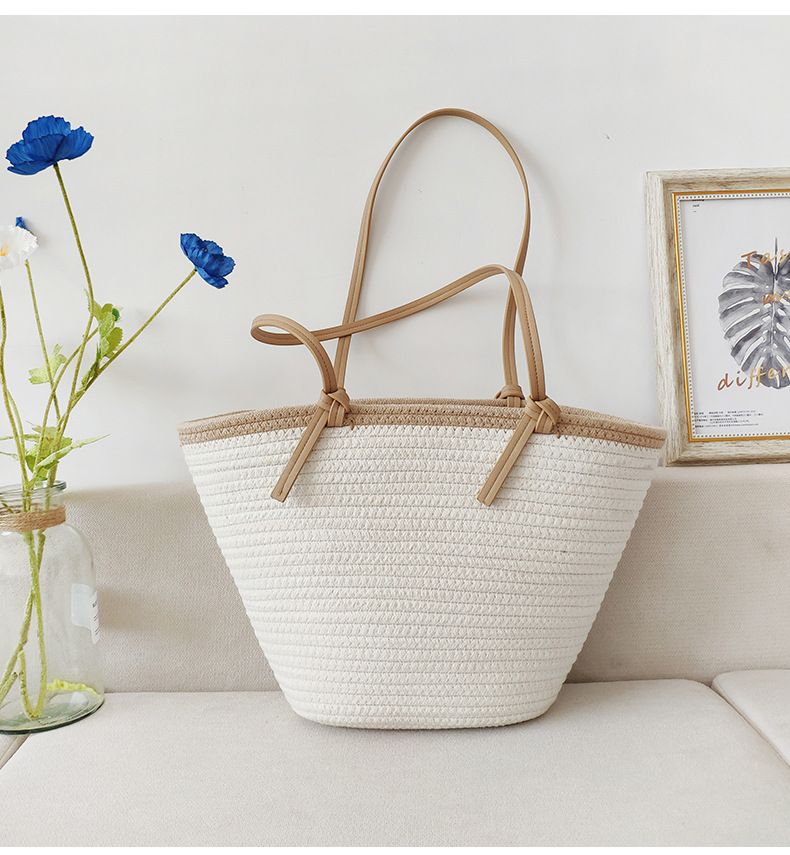 Borse da donna Nuova moda Semplice borsa in corda di cotone intrecciata Borsa di paglia fatta a mano Borsa da spiaggia per le vacanze Borsa tote di grande capacità Donna_voghion.com