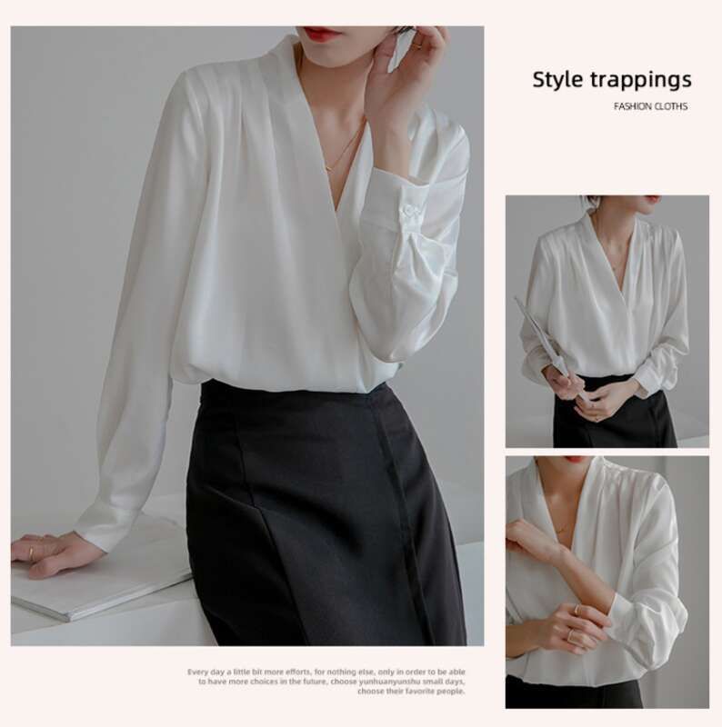 Camicia bianca primavera 2025, manica lunga da donna, design francese, top in seta di nicchia, camicia in raso professionale_voghion.com