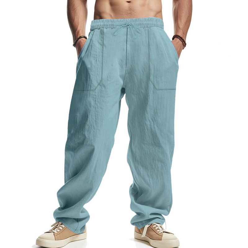 Übergroße, atmungsaktive und schweißabsorbierende Herrenhose aus Baumwollleinen in Volltonfarbe, einfache, lässige Hose mit weitem Bein_voghion.com