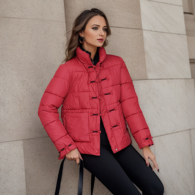 Women's ethnic style short cotton-padded jacket standing collar fashion women's Warm jacket padded jacket loose tray button cotton-padded jacket_voghion.com