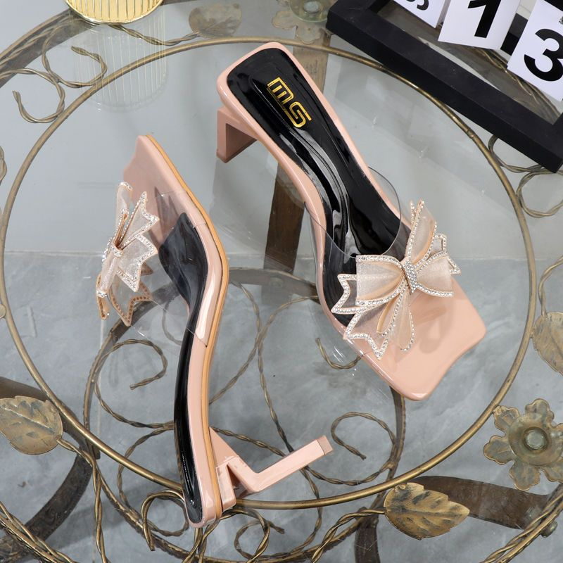 2024 Sommer Damenschuhe Kopfschleife Mesh Mode Outwear Square High Heel Transparent Gürtel Hausschuhe_voghion.com