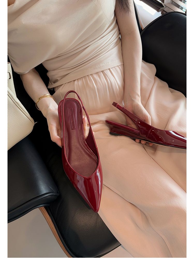 Lancui Nude Wedge Half Slippers For Women Summer Outdoor Patent Leather Chunky Heel Closed Toe Sandals Slim Pointed High_voghion.com