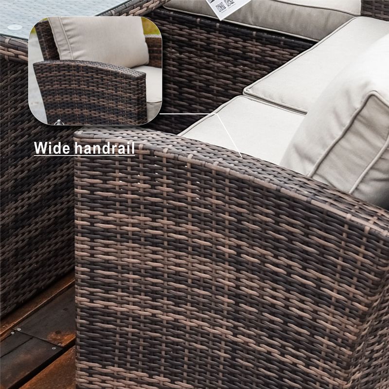 Direct Wicker 7 PCS Patio Conversational Sofa Set With Gas Firepit and Ice Container Dining Table_voghion.com