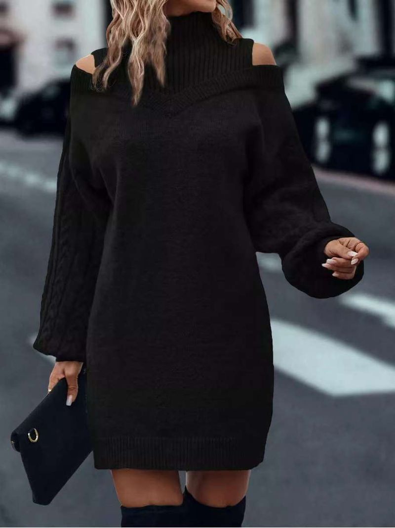 Oversize-Pulloverkleid aus grobem Strick – Halbrollkragenkleid mit Schulterdetail und langen Ärmeln_voghion.com