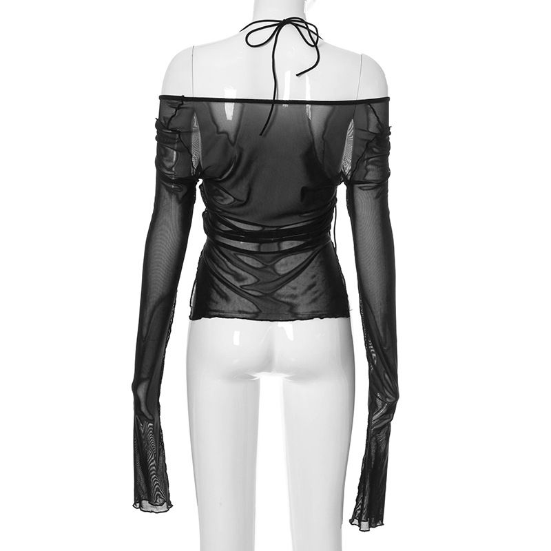 Plus Nine Q21TP300 Summer New Solid Color Lace up Neck Hanging Perspective Split Long sleeved Women's Top_voghion.com