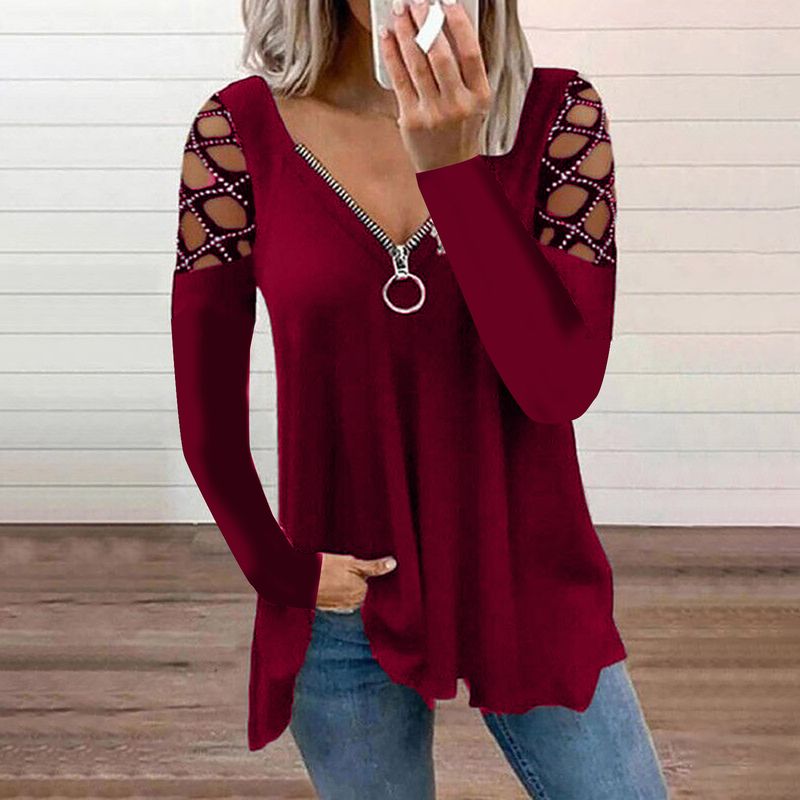 T-shirt casual da donna con scollo a V, manica cava, tinta unita, nuova moda autunno inverno 2023_voghion.com