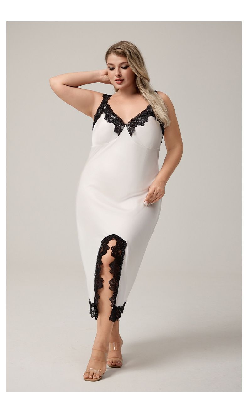 Large Size Satin Suspender Pajamas Women's Lace Sexy Split Pajamas Long Loungewear_voghion.com