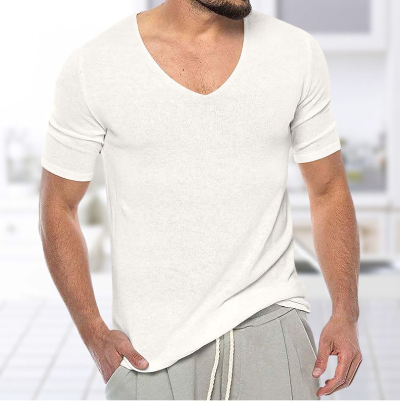 Suéter masculino fino com decote em V, cor sólida, manga curta, camiseta de malha de verão SY0049_voghion.com