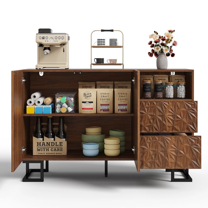 Beistellschrank 120x78,5cm Walnussoptik Mit Blattrelief, 2 Türen & 2 Schubladen_voghion.com
