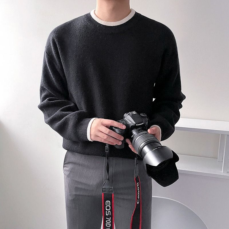 Herren-Vintage-Pullover aus gewachster Baumwolle – locker sitzender Rundhals-Strickpullover, weiche und warme Retro-Freizeitkleidung für den Winter (Weiß/Schwarz, M-2XL)_voghion.com