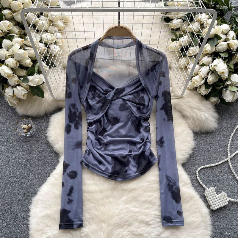 Abbigliamento da donna, maglietta a maniche lunghe con fondo in rete tinta in cravatta, maglietta da donna sottile, temperamento, moda, top plissettato sottile_voghion.com