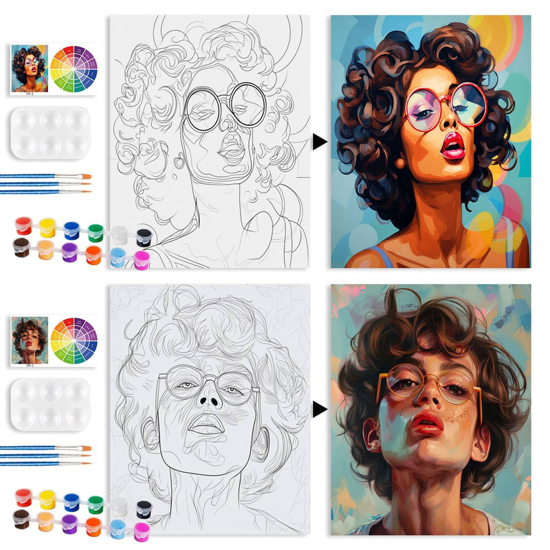 2pcs Framed Canvas Painting Kit Pre Drawn Canvas Painting For Adults Party Kits Paint And Acrylic Colors Women And Man Art Set 20x25cm/8x10inch_voghion.com