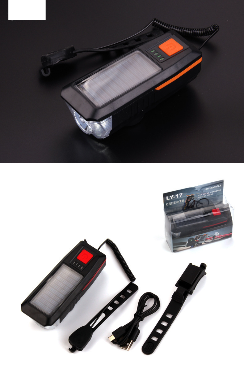 Cross Border Fahrrad Solar Scheinwerfer Horn Licht Nachtfahrten USB Lade Scheinwerfer Fahrrad Starke Licht Taschenlampe Ausrüstung_voghion.com