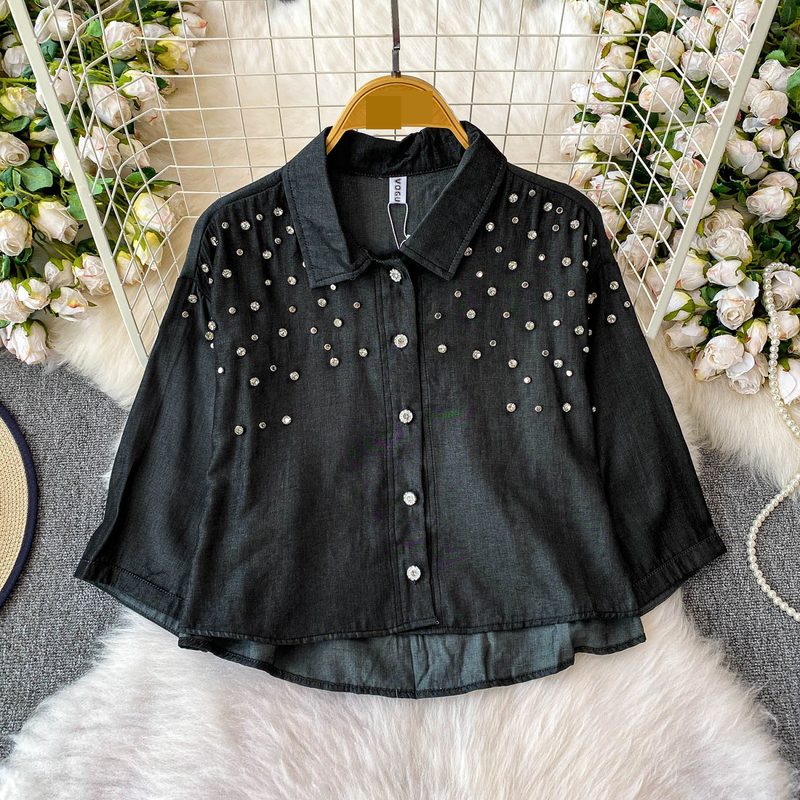Luxe blouse met versieringen voor dames, statement revers, top met halflange mouwen, 8 levendige kleuren (zwart/groen/rood/meer) voor op kantoor en een avondje uit_voghion.com