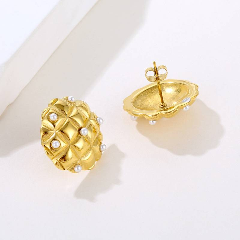 Women's Jewelry Elegant Checkerboard Zircon And Pearl Stainless Steel Earrings For Women, Hypoallergenic & Stylish Geometric Design_voghion.com