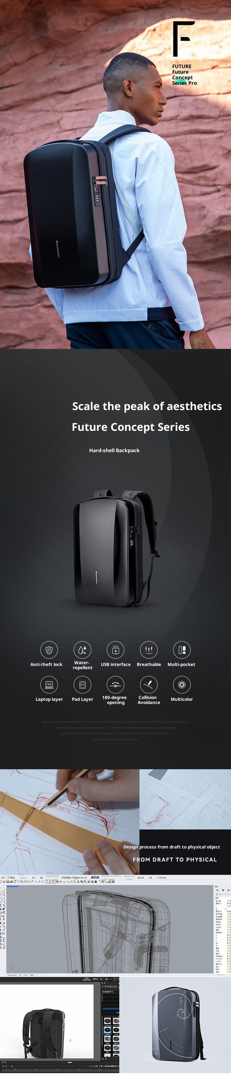 Sac à dos rigide anti-pression Concept Series - Port de chargement USB, compatible avec un ordinateur portable de 17,3 pouces, léger et résistant à l'eau, idéal pour le travail et les voyages._voghion.com