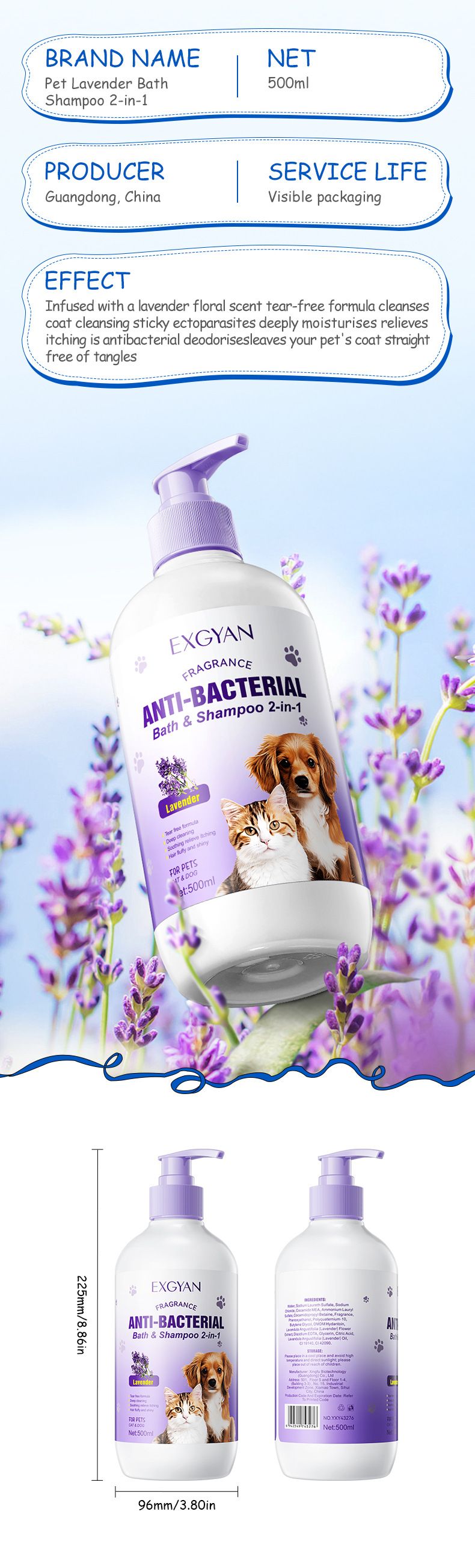 Shampoo da bagno alla lavanda per animali domestici Full English Pet 2 in 1 EXGYAN Bagnoschiuma per cani e gatti_voghion.com