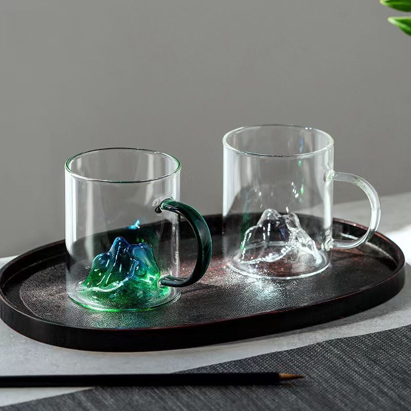 Tazza in vetro con paesaggio retrò - Design a doppia parete ispirato al Monte Fuji, resistente al calore, per tè, whisky e cold brew (bicchiere artistico da 350 ml)_voghion.com