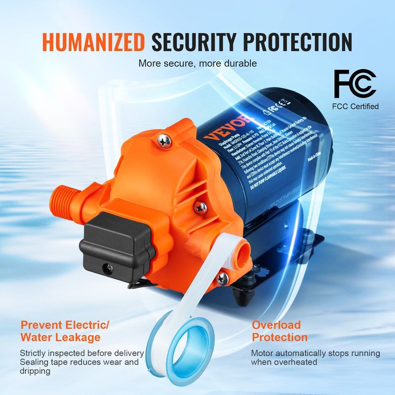 VEVOR Water Diaphragm Pump, 110V AC, 3.3 GPM Flow, 45 PSI Rated Pressure (40-80 PSI Adjustable), 1/2" MNPT Self Priming Sprayer Pump With Pressure Switch For RV Camper Marine Boat Lawn, FCC Certified_voghion.com