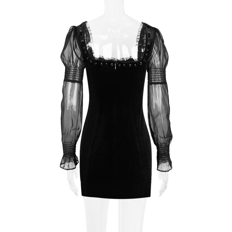 Women's square neck long sleeve slim-fit hip wrap backless black velvet dress_voghion.com