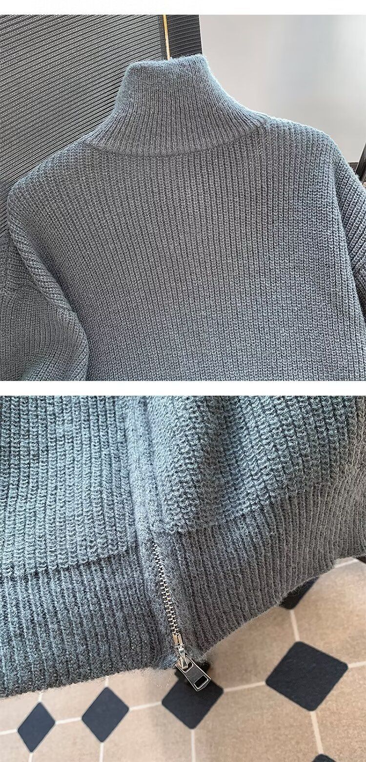 Men's Stand Collar Zip-Up Cardigan – Heavyweight Knit Sweater (Gray/Apricot/Black, M-XXXL)_voghion.com