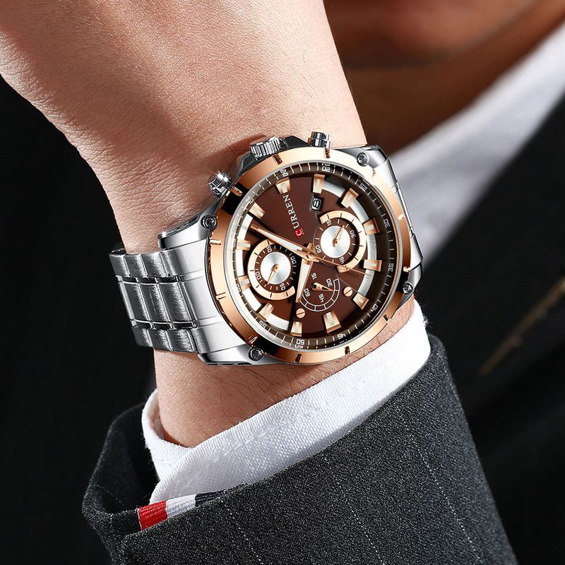 Orologio da uomo impermeabile con datario, cinturino in acciaio inossidabile, movimento al quarzo multifunzione, quadrante rotondo multifunzione_voghion.com