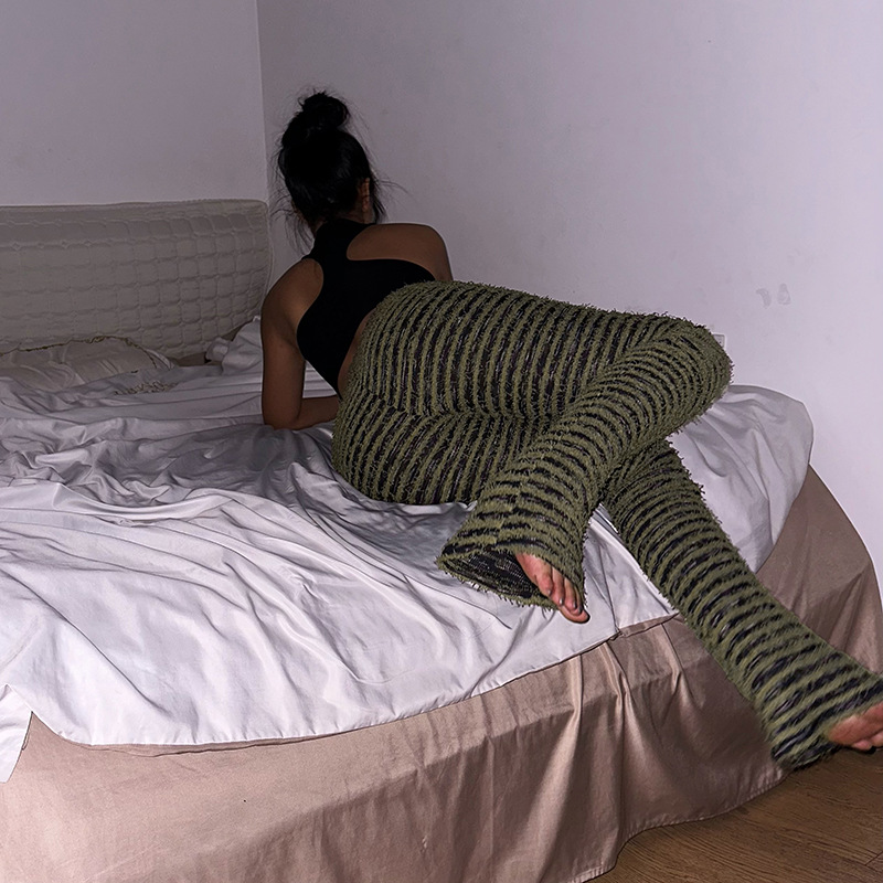 Dameskleding Gebreide Gestreepte Sexy Slanke Broek Kinder Lente Mode Hoge Taille Heup Lifting Hot Girl Casual Broek_voghion.com
