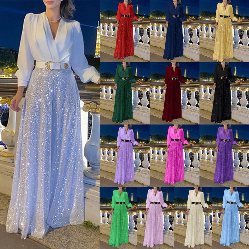 Női ruházat, csúcskategóriás, V-nyakú, hosszú ujjú ing, temperamentumos, elegáns derékkal, flitteres, széles szárú nadrág_voghion.com