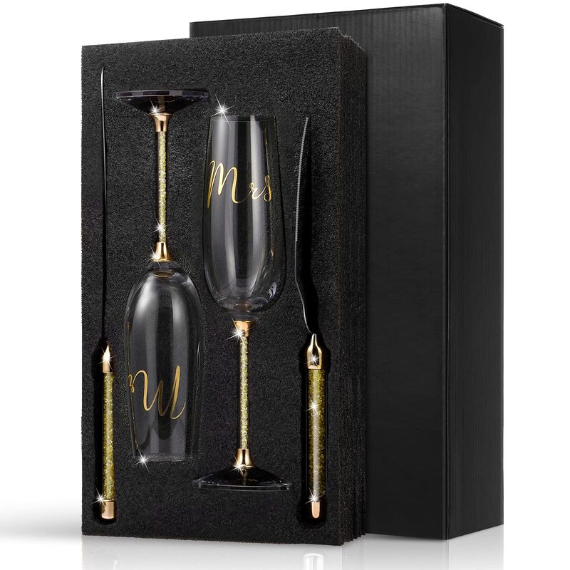 Ensemble cadeau de verres à champagne à tige diamantée Barware Source Factory, verre à champagne de mariage chaud, couteau à gâteau, pelle, ensemble de 4 pièces_voghion.com