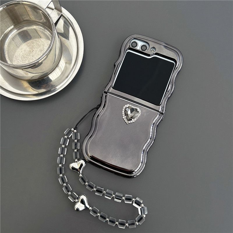 Suitable For Samsung Z Flip 5/4/3 Case With 3D Gem Heart – Cute TPU Shockproof Cover + Detachable Chain (Grey/Blue) – Trendy Flip Phone Accessory_voghion.com