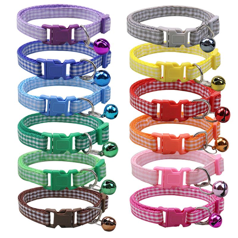 Collier pour chien et chat tissé coloré, petit format, décontracté, à carreaux, avec clochette et anneau_voghion.com