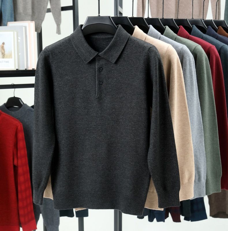 Nuovo maglione polo in maglia a maniche lunghe con colletto rovesciato in lana autunno inverno da uomo, tinta unita, per la mezza età_voghion.com