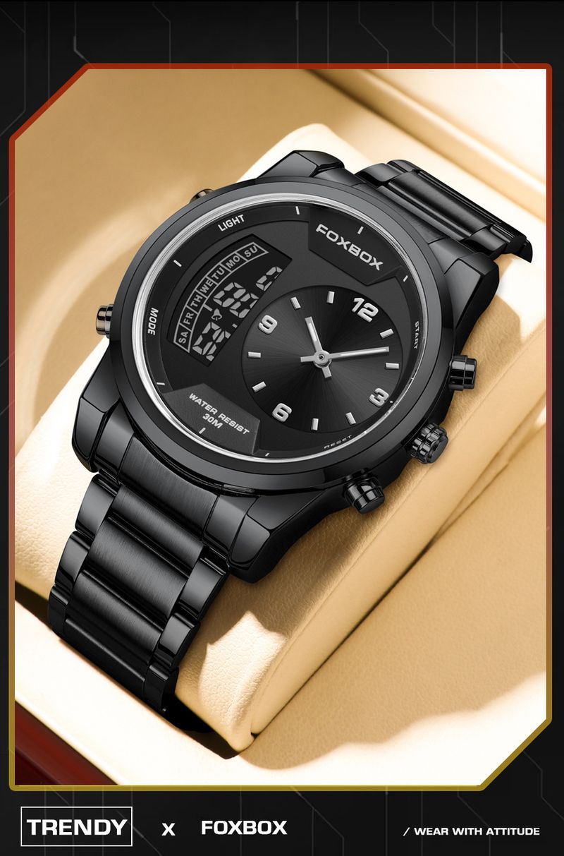 Men's Waterproof Luminous Analog Digital Watch With Alarm Chronograph, Stainless Steel Band, Mineral Glass, 43mm Round Case_voghion.com