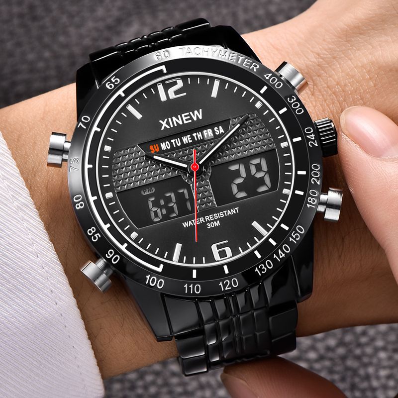 Montre de sport pour homme avec affichage analogique-numérique, bracelet en alliage, aiguilles lumineuses, alarme, calendrier, indicateur 24 h, fonction GMT, étanche_voghion.com