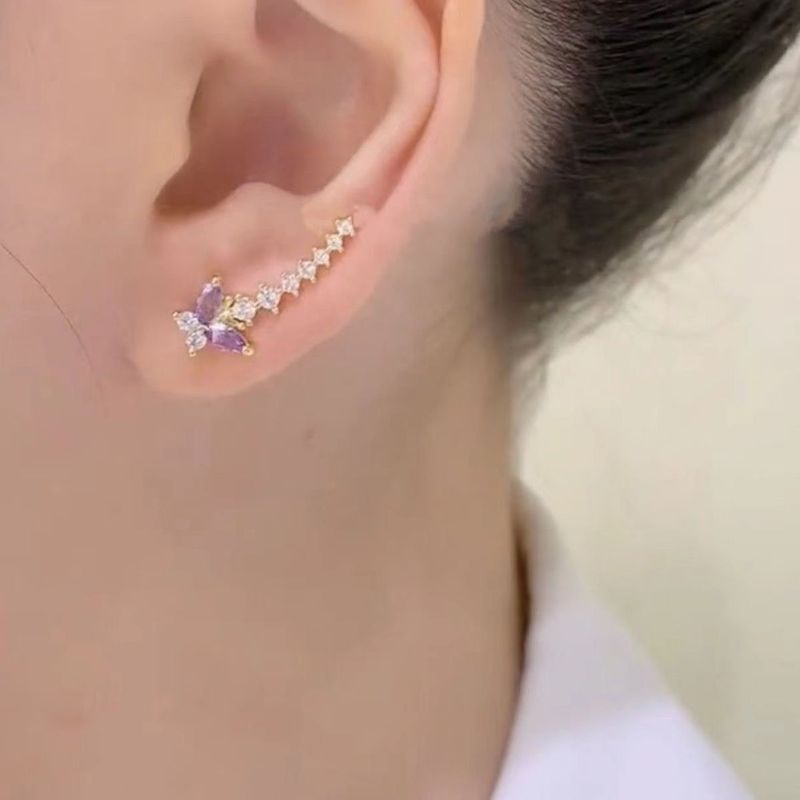 Purple Zircon Butterfly Ear Row Earrings Women's Niche Design Exquisite Versatile Stud Earrings High-end Personalized Earrings_voghion.com