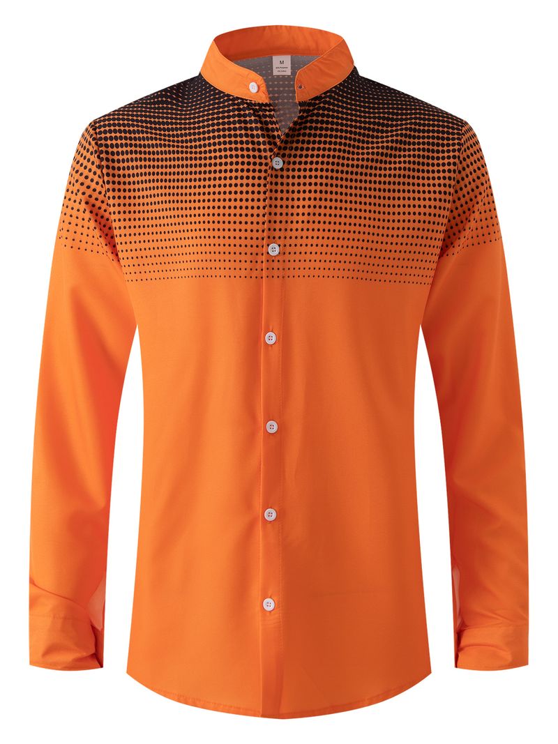 Herrenbekleidung Frühling und Herbst Neues Herren-Vierseitiges Stretch-Tupfen-Druck-Langarmhemd mit Stehkragen für den täglichen Gebrauch_voghion.com